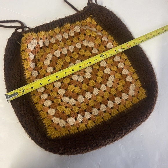 Women's Vintage 70's Handmade Afghan Blanket Purse Brown Yellow Knit - Picture 9 of 9